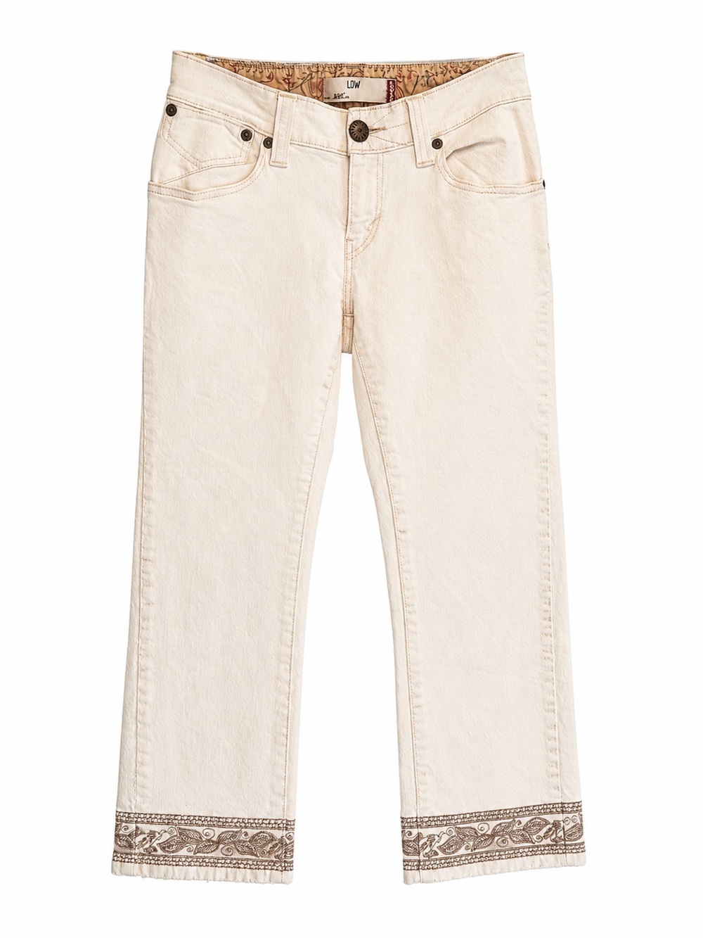 Levi's Cream Straight-Leg Jeans with Embroidered Hem